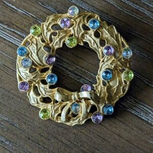 Gorgeous Gold Color Wreath Brooch W/A Bow & Colorful Pastel Colored Rhinestones.